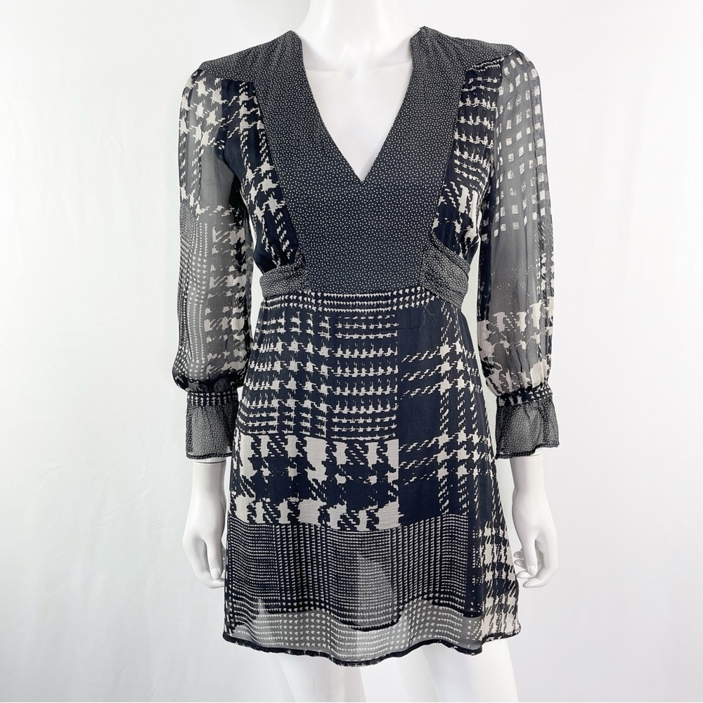 Winter Kate Black & White Silk Plaid Long Sleeve V-Neck Tunic Dress Size XS